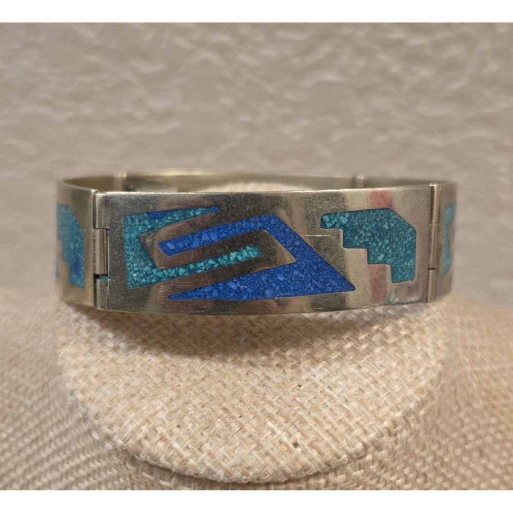 Vintage Mexico Alpaca Silver Mosaic Turquoise Inlay Wide Hinged Bracelet 7.75"